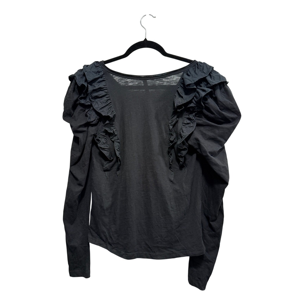 By Anthropologie Top Womens S Black Ruffle V Neck Long Sleeve Knit Blouse chic - Picture 2 of 16